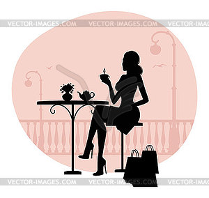 Silhouette of beautiful woman in cafe - vector clipart