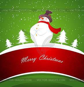 Snowman on green back - vector image