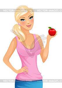 Beautiful blond woman with red apple - stock vector clipart