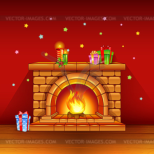 Fireplace with candles and gifts on red background - vector image