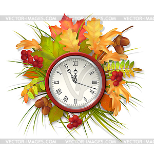 Autumn Fall Leaves and Clock - vector clipart