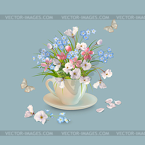 Herb and Flowers in Cup - vector image