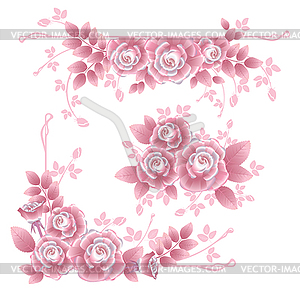 Design elements with pink silky roses - vector image