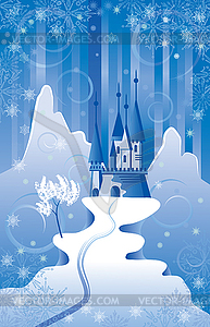Christmas scene with northern castle in the mountains. - vector clip art