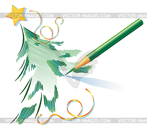 Green pencil is drawing Christmas tree - vector clip art