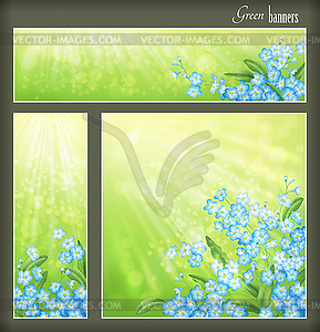 Green banners set with flowers and blurred sunrays - vector clip art