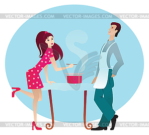 Boy and girl in kitchen - vector clip art