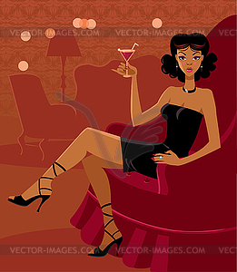 Beautiful woman in room with cocktail - vector clip art