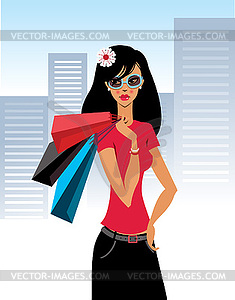 Shopaholic. красивая девушка моды и й - векторное изображение EPS
