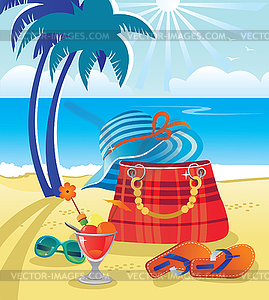 Summer objects on beach background - vector clipart