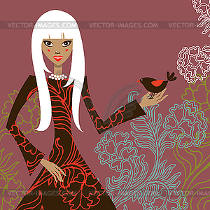 Beautiful girl in flowers and bird - vector clipart