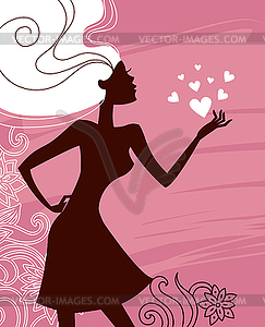 Beautiful girl silhouette with hearts - vector image