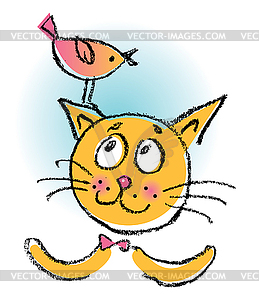 Cat with bird. Cartoon - vector image