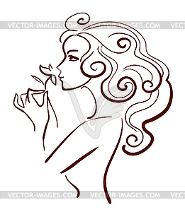 Beautiful woman with flower, linear - vector image