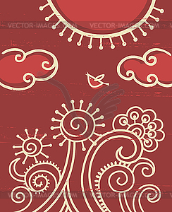 Cartoon background with flowers and bird  - vector clipart