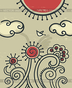 Cartoon background with flowers and bird  - vector clip art