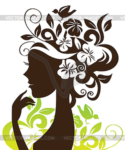 Beautiful woman silhouette with flowers and bird - vector EPS clipart