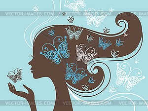 Beautiful woman silhouette with butterfly - векторный клипарт EPS