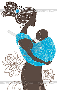 Beautiful mother silhouette with baby in sling - vector clipart / vector image