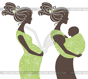 Beautiful women silhouettes. Pregnant woman and mother - vector clipart