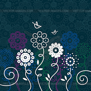 Цветочный фон с птицами Мультяшный - изображение в векторном виде