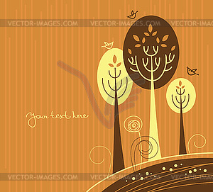 Autumn cartoon background with trees and birds - vector image