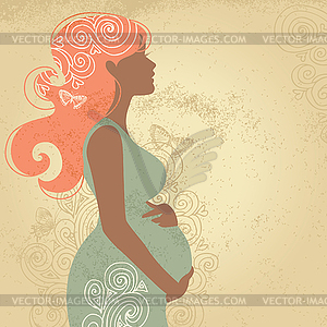 Силуэт беременной женщины в цветах - векторный эскиз