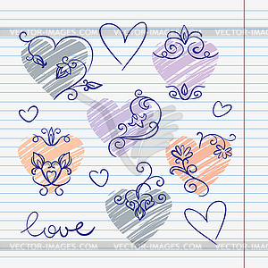 Рисованной любви каракули в альбоме - векторное графическое изображение