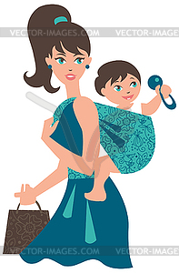 Active mother with baby in sling - vector image