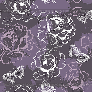 Seamless floral pattern with roses and butterflies - vector clip art