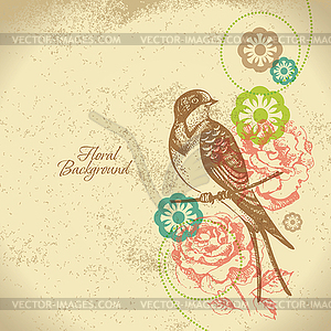 Retro floral background with bird - vector image