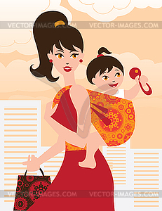 Active mother with baby girl in sling - vector image