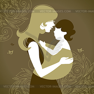 Beautiful mother silhouette with baby in sling - vector image