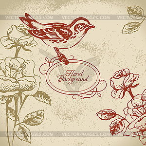 Retro floral background with bird - vector clip art