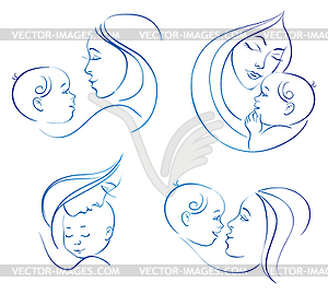 Mother with baby. Set of linear silhouette s - vector image