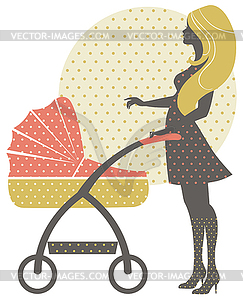 Silhouette of beautiful mother with baby carriage i - vector clipart