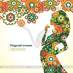 Силуэт беременной женщины с цветами - векторный клипарт