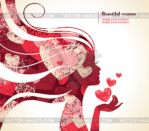 Beautiful girl silhouette with hearts - vector clip art