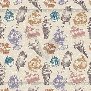 Seamless pattern with ice cream and cakes - vector image