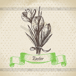 Vintage Easter background with crocus flowers. - color vector clipart