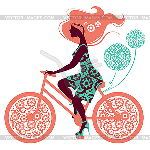 Силуэт красивая девушка на велосипеде - векторное изображение EPS
