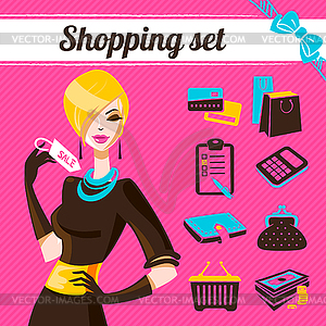 Shopping set, infographics of fashion women - royalty-free vector clipart