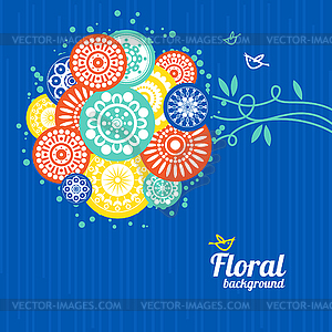 Floral background with cartoon birds - vector image