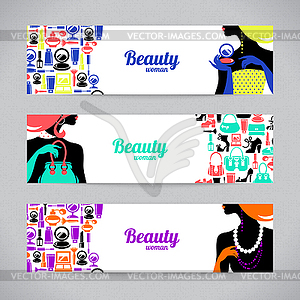 Banners with stylish beautiful shopping woman - vector clipart
