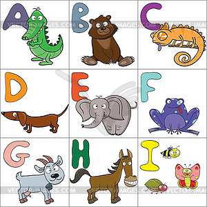 Alphabet with cartoon animals  - royalty-free vector clipart