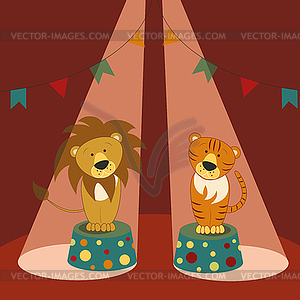 Lion and tiger on pedestals in circus - vector clip art