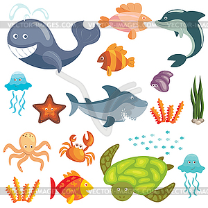 Marine animals set - color vector clipart