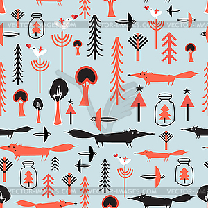 Pattern with winter trees and foxes - vector image