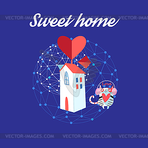 Sweet house with loving cat - vector clipart