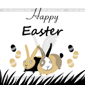 Easter card with rabbits and eggs - vector clipart